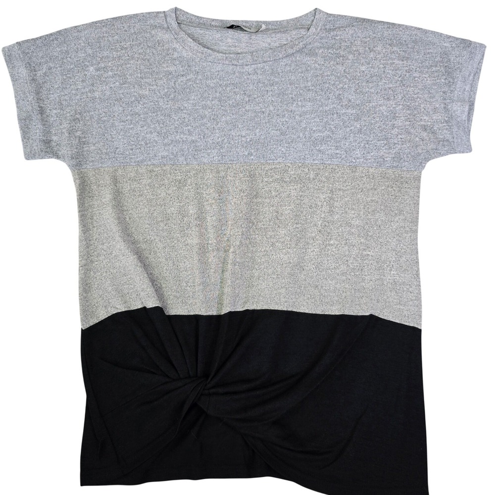 Women Size XL Colorblock Twist Front Tunic Top Gray Blue Black